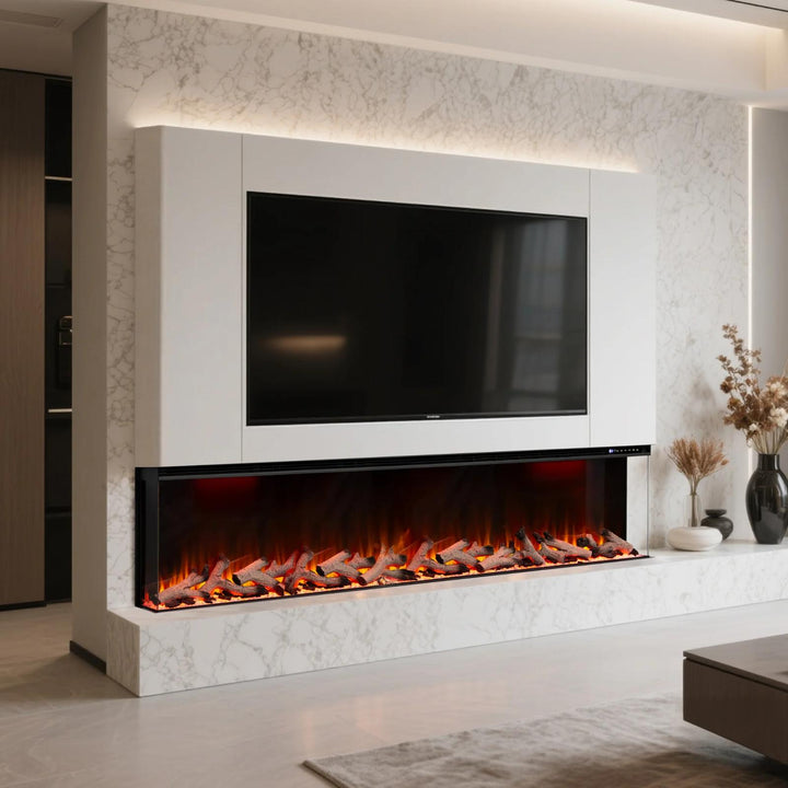 Maison 80 Inch 2025 Panoramic Smart Alexa Media Wall Fire 3 Sided Glass LED WiFi Electric UHD Fireplace