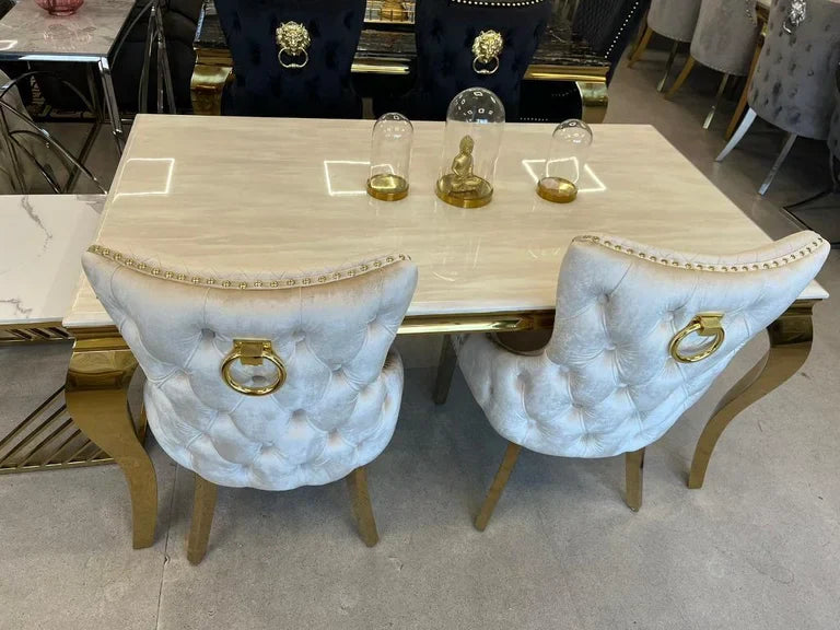 Louis Gold Cream Marble Dining Table With Shimmer Gold Ring Knocker Dining Chairs