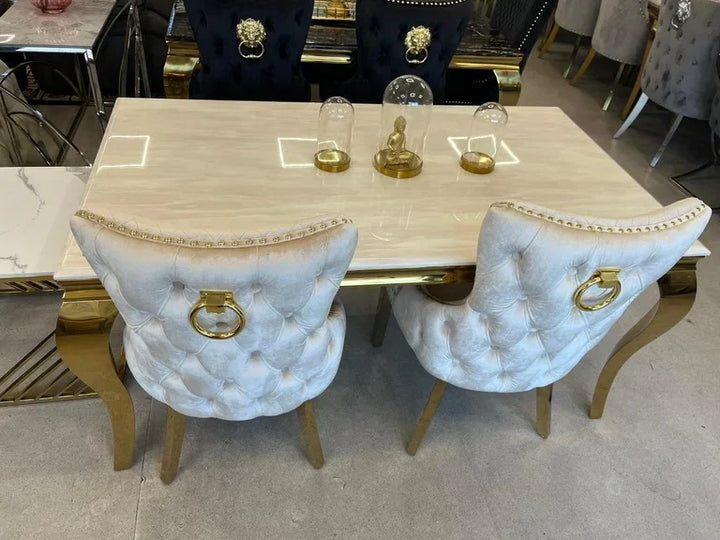 Louis Gold Cream Marble Dining Table With Shimmer Gold Ring Knocker Dining Chairs