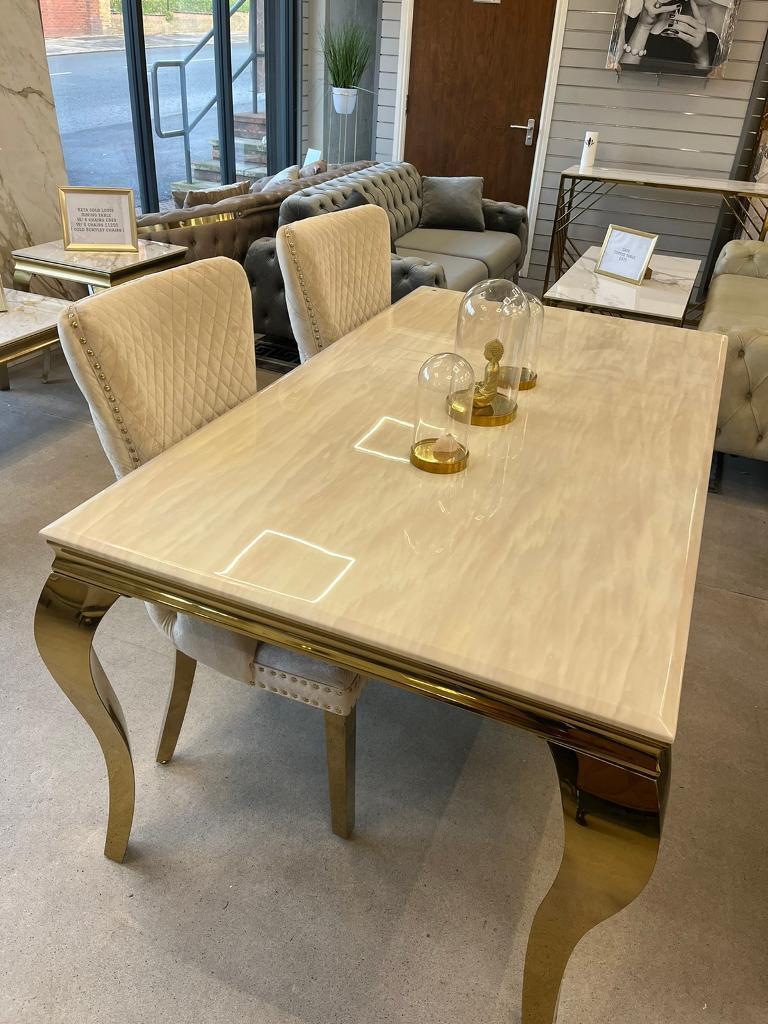 Louis Marble & Gold Dining Table With Valente Gold Button Lion Knocker Velvet Chairs