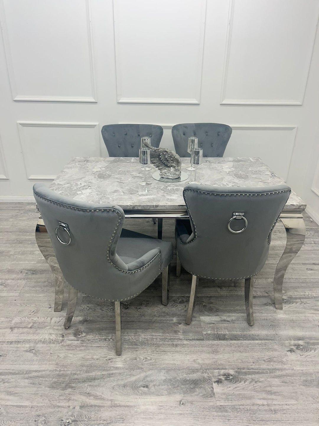 Louis Marble & Chrome Dining Table With Megan Chrome Ring Knocker Velvet Chairs