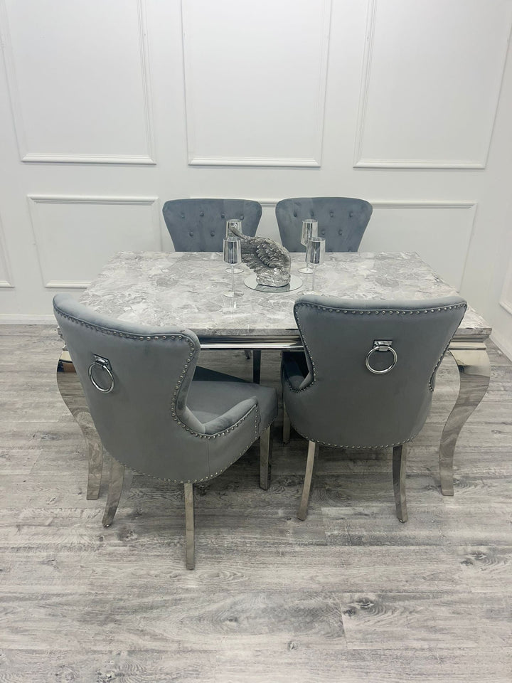 Louis Marble & Chrome Dining Table With Megan Chrome Ring Knocker Velvet Chairs