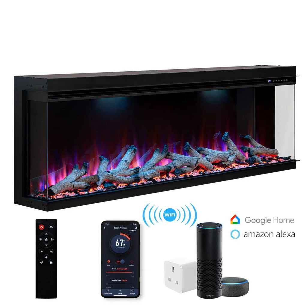 50 60 72 80 Inch 2025 Panoramic Smart Alexa Media Wall Fire 3 Sided Glass LED WiFi Electric UHD Fireplace