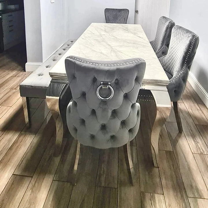 Louis Marble 180CM Dining Table + Victoria Grey Ring Chairs, Bench Option