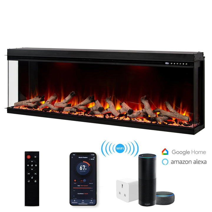Maison 60 Inch 2025 Panoramic Smart Alexa Media Wall Fire 3 Sided Glass LED WiFi Electric UHD Fireplace