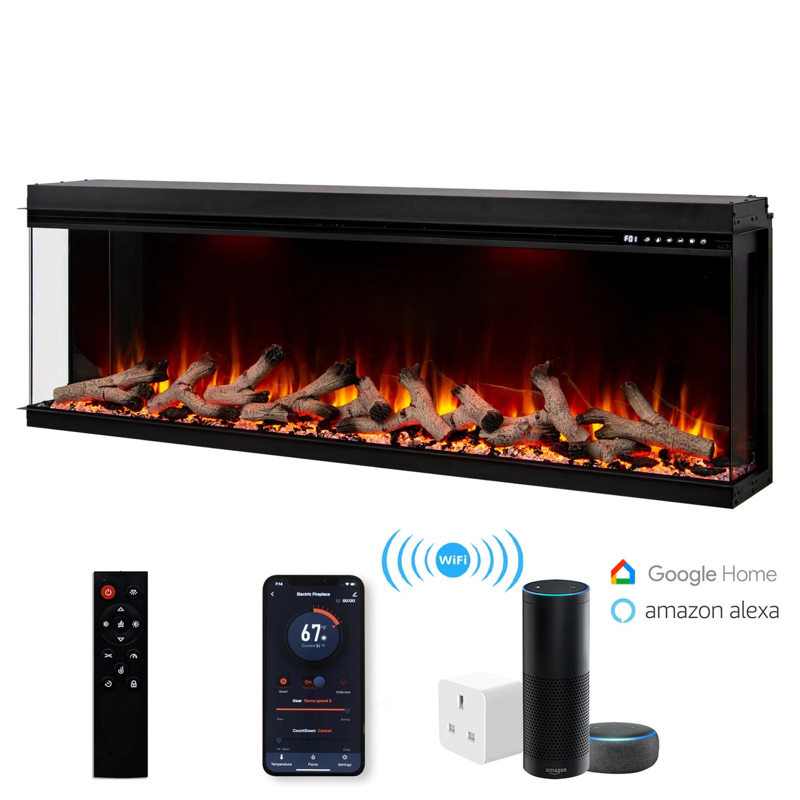 50 60 72 80 Inch 2025 Panoramic Smart Alexa Media Wall Fire 3 Sided Glass LED WiFi Electric UHD Fireplace