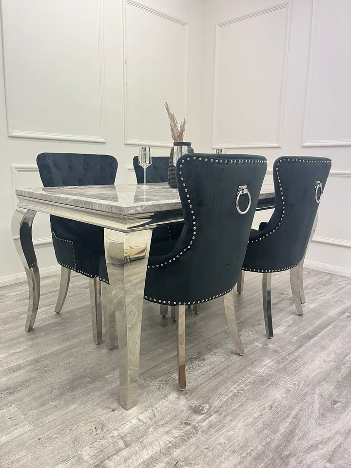 Louis 160cm Marble & Chrome Dining Table With Megan Chrome Ring Knocker Velvet Chairs