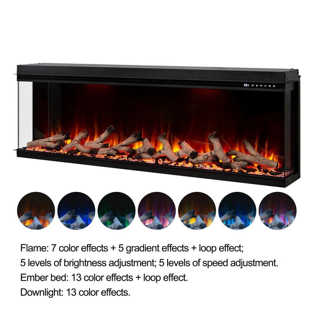 Maison 60 Inch 2025 Panoramic Smart Alexa Media Wall Fire 3 Sided Glass LED WiFi Electric UHD Fireplace