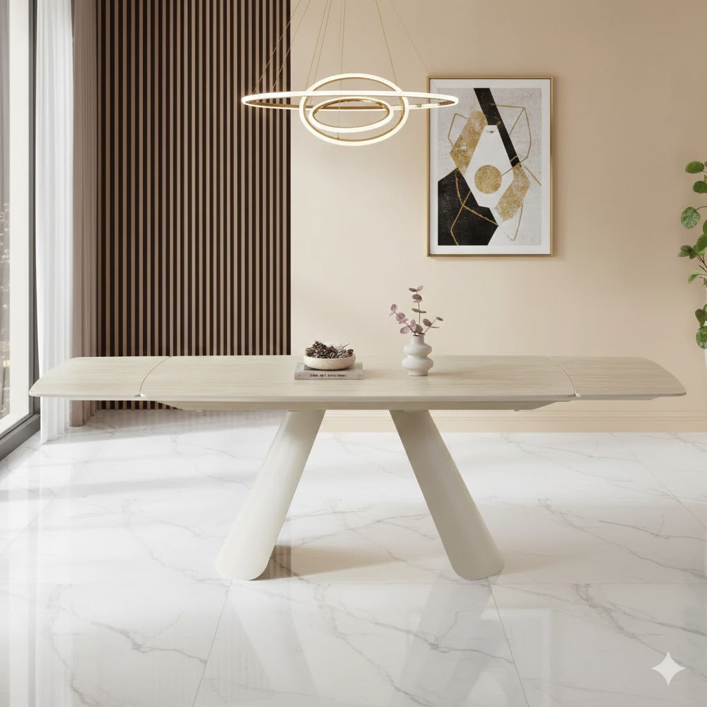 Carletti 160-240cm Italian Cream & Beige Travertine Ceramic Marble Side Extending Dining Table