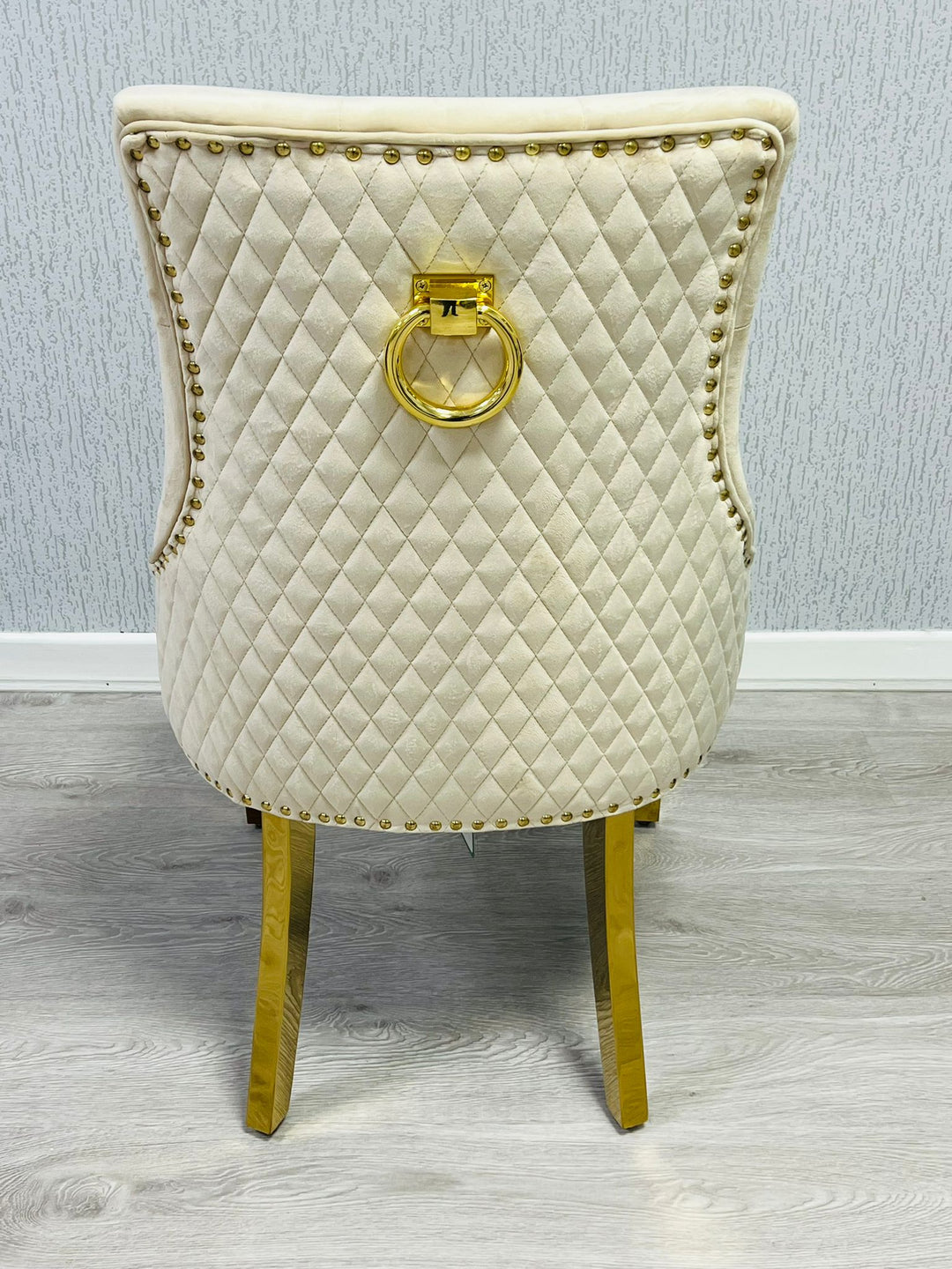 Majestic Cream Gold Ring Knocker Quilted Tufted Plush Velvet Dining Chair Gold Legs-Esme Furnishings