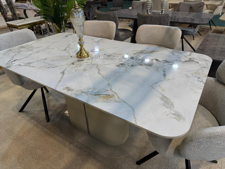 Sydney 160cm Cream Gold Ceramic Marble Dining Table With Beige Velvet Dining Chairs