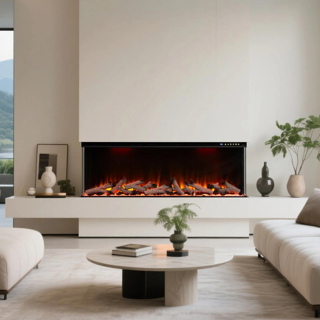 Maison 60 Inch 2025 Panoramic Smart Alexa Media Wall Fire 3 Sided Glass LED WiFi Electric UHD Fireplace