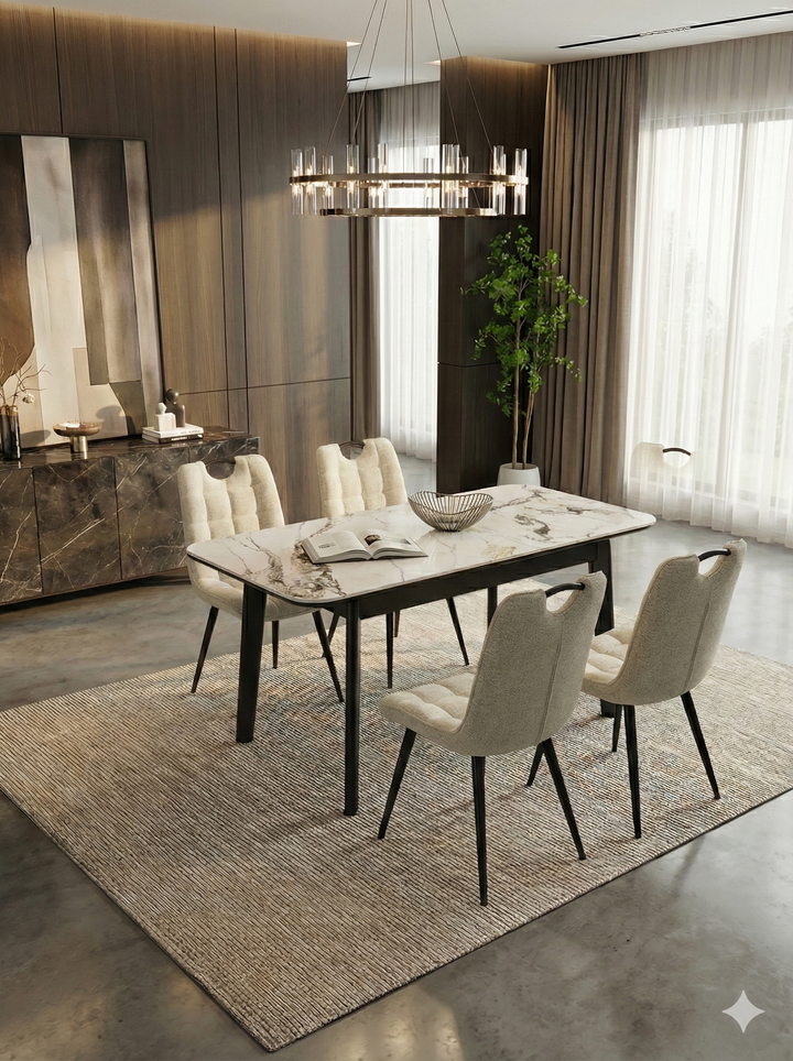 Arizona 130-160cm Cream/Gold Ceramic Stone Extending Marble Dining Table