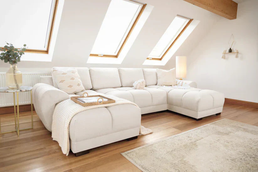 Zara Corner U Shape Cinema Cream Plush Velvet Sofa