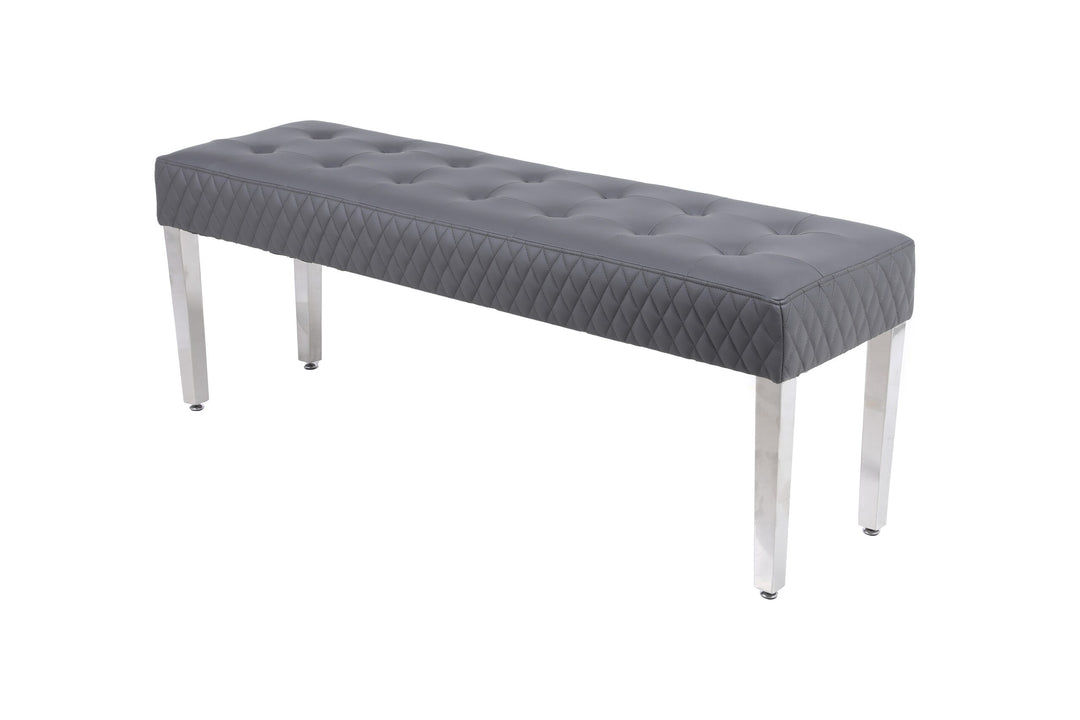 Louis Marble & Chrome Dining Table With Grey Quilted Lion Knocker PU Leather Chairs & Majestic 140cm Grey Bench PU Leather