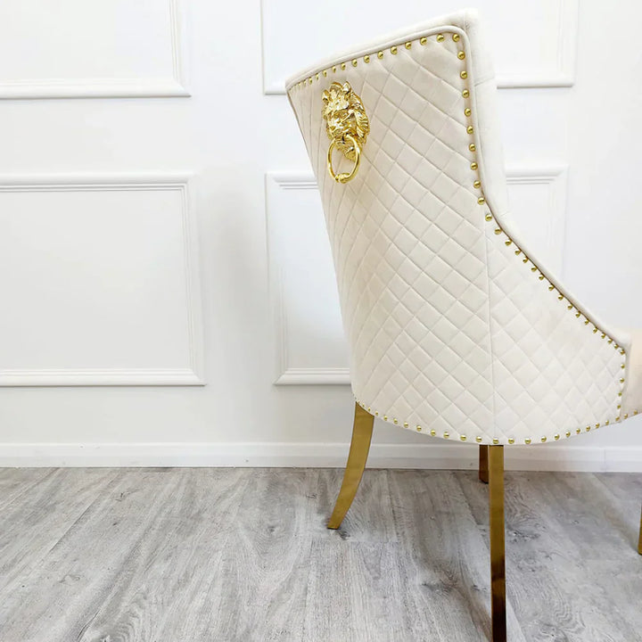 Majestic Gold Lion Knocker Quilted Tufted Plush Velvet Dining Chair Gold Legs - 3 Colours-Esme Furnishings