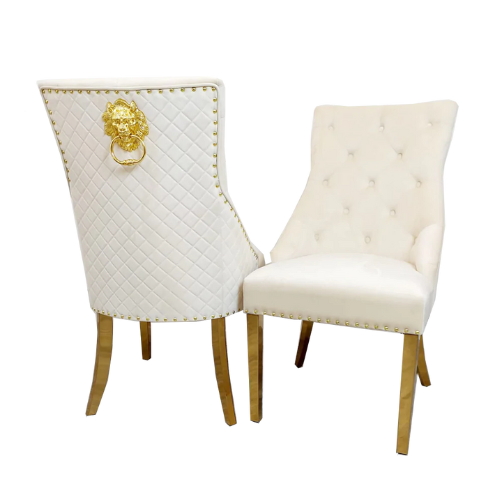 Majestic Gold Lion Knocker Quilted Tufted Plush Velvet Dining Chair Gold Legs - 3 Colours-Esme Furnishings
