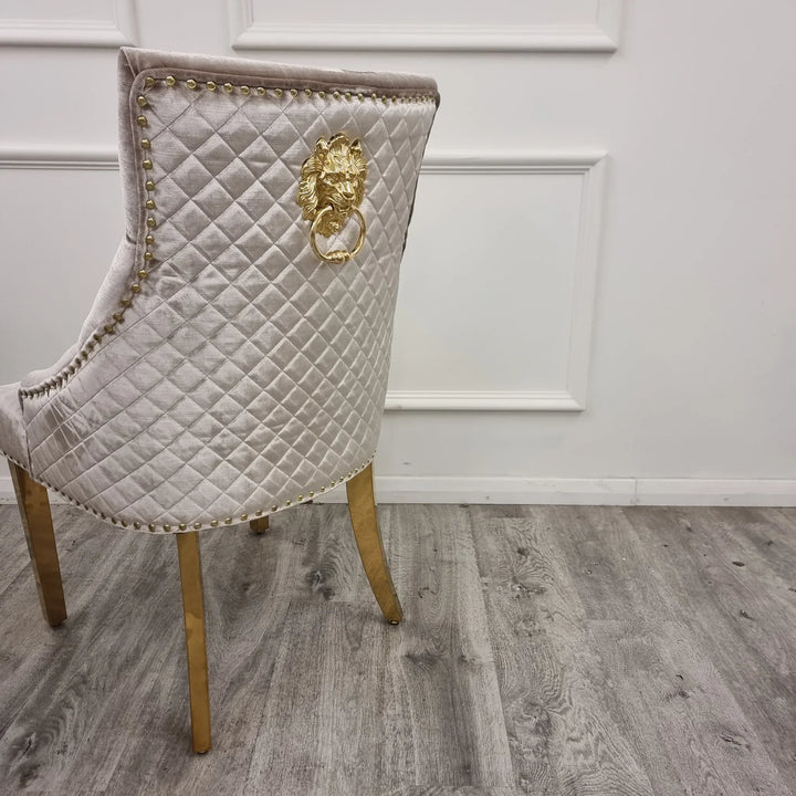 Louis Pandora Gold Marble Dining Table With Gold Lion Knocker Dining Chairs