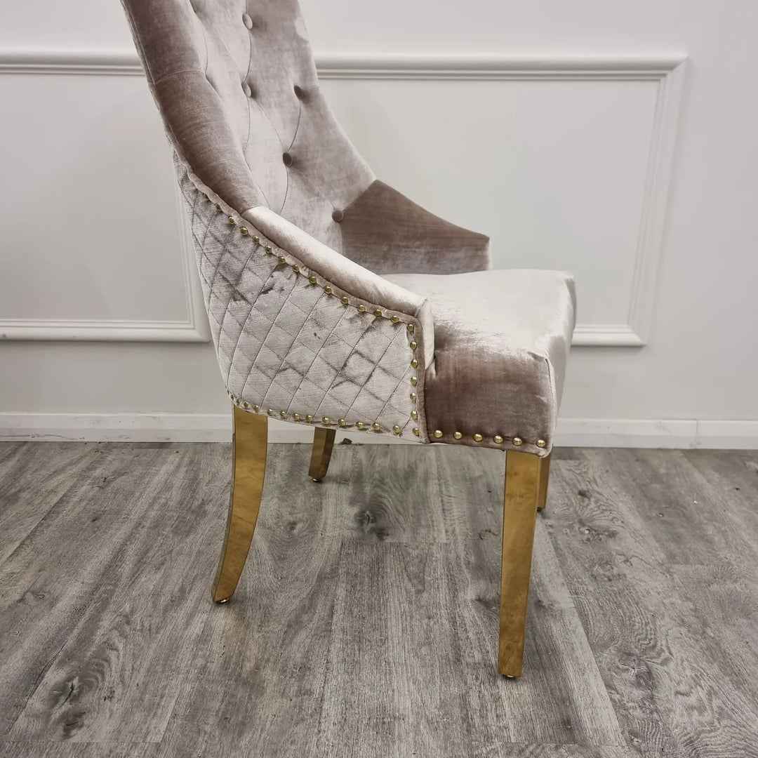 Louis Marble & Gold Dining Table With Shimmer Gold Lion Knocker Dining Chairs