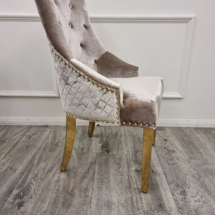 Louis Marble & Gold Dining Table With Shimmer Gold Lion Knocker Dining Chairs