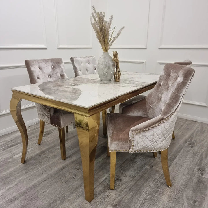 Louis Marble & Gold Dining Table With Shimmer Gold Lion Knocker Dining Chairs