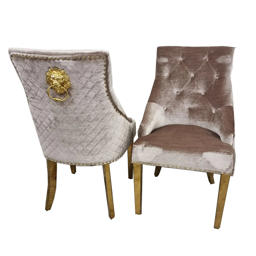 Gold Lion Knocker Quilted Tufted Plush Velvet Dining Chair Gold Legs - 3 Colours