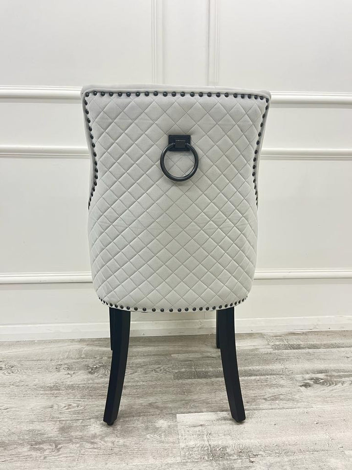 Light Grey Silver Plush Velvet Black Ring Quilted Knocker Chair Black Legs