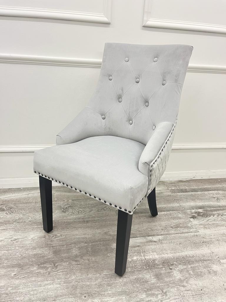 Light Grey Silver Plush Velvet Black Ring Quilted Knocker Chair Black Legs