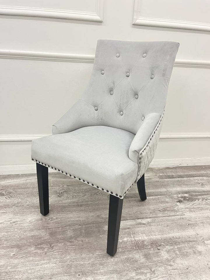 Light Grey Silver Plush Velvet Black Ring Quilted Knocker Chair Black Legs