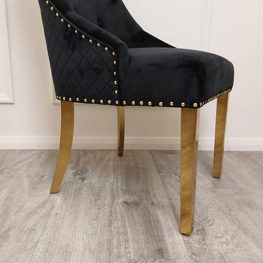 Gold Lion Knocker Quilted Tufted Plush Velvet Dining Chair Gold Legs - 4 Colours-Esme Furnishings