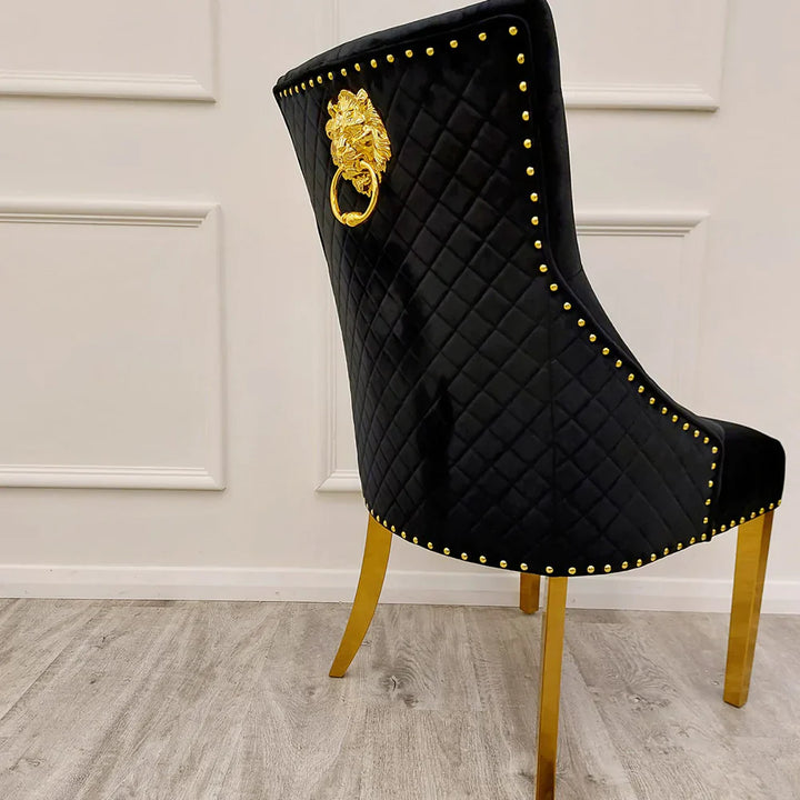 Majestic Gold Lion Knocker Quilted Tufted Plush Velvet Dining Chair Gold Legs - 3 Colours-Esme Furnishings