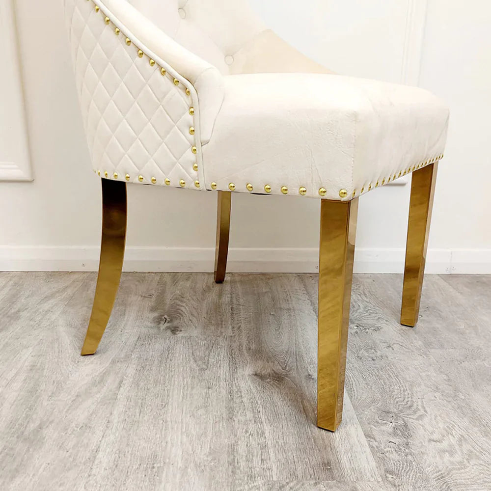 Majestic Gold Lion Knocker Quilted Tufted Plush Velvet Dining Chair Gold Legs - 3 Colours-Esme Furnishings