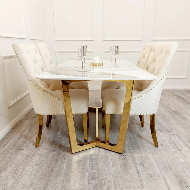 Majestic Gold Lion Knocker Quilted Tufted Plush Velvet Dining Chair Gold Legs - 3 Colours-Esme Furnishings