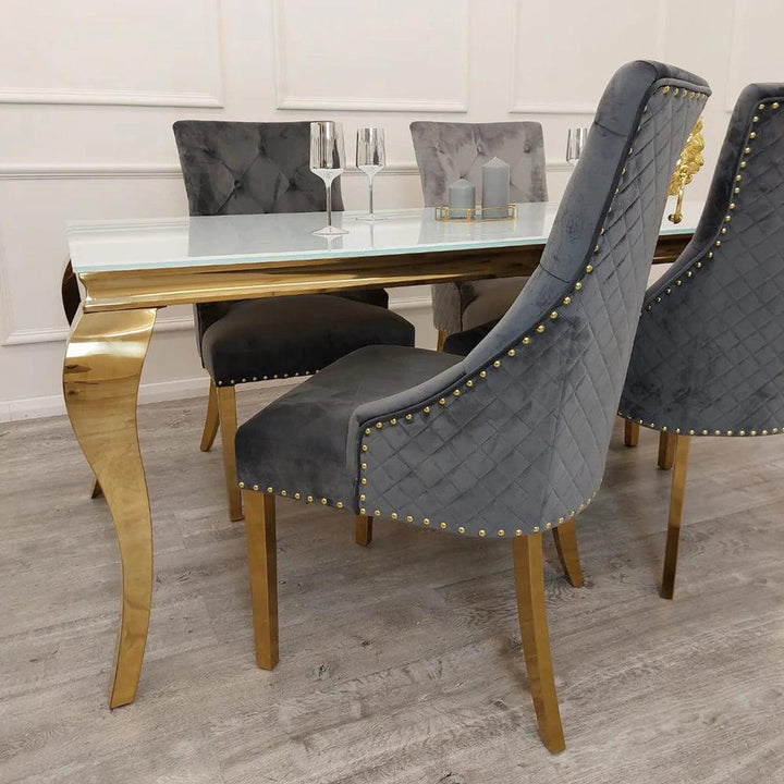 Gold Lion Knocker Quilted Tufted Plush Velvet Dining Chair Gold Legs - 4 Colours-Esme Furnishings