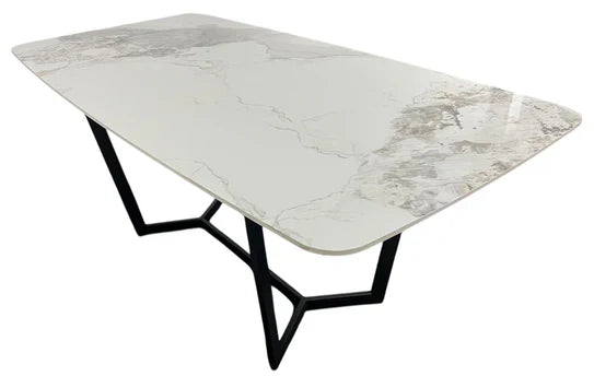 Lucien 180cm White Grey Ceramic Dining Table With Black Legs