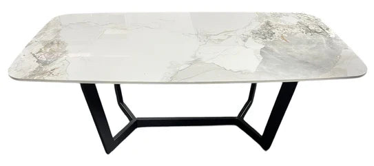 Lucien 180cm White Grey Ceramic Dining Table With Black Legs