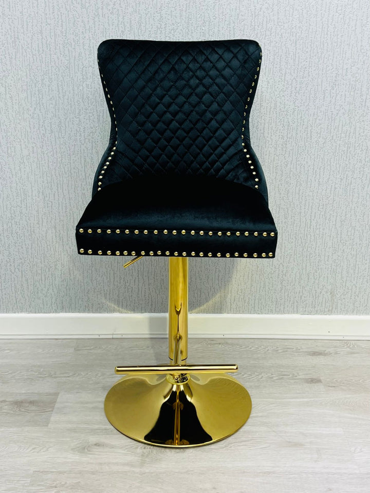 Valentino Black Gold Lion Knocker Quilted Back Plush Velvet Gold Bar Stool