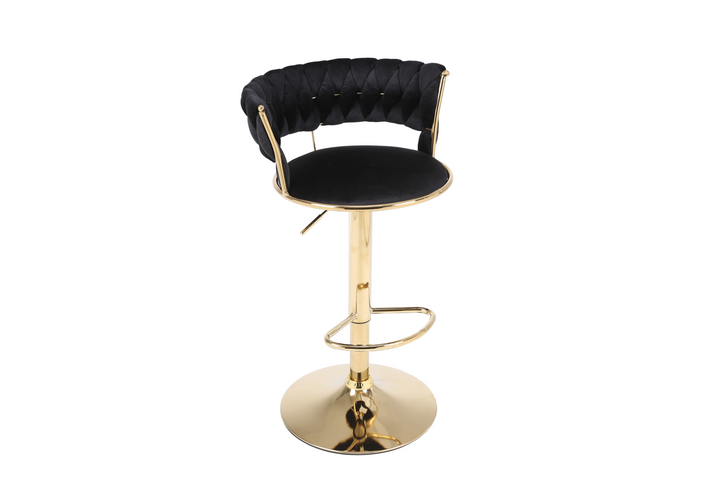 Pair of 2x Camilla Luxury Black & Gold Velvet Bar Stool Adjustable Gold Legs