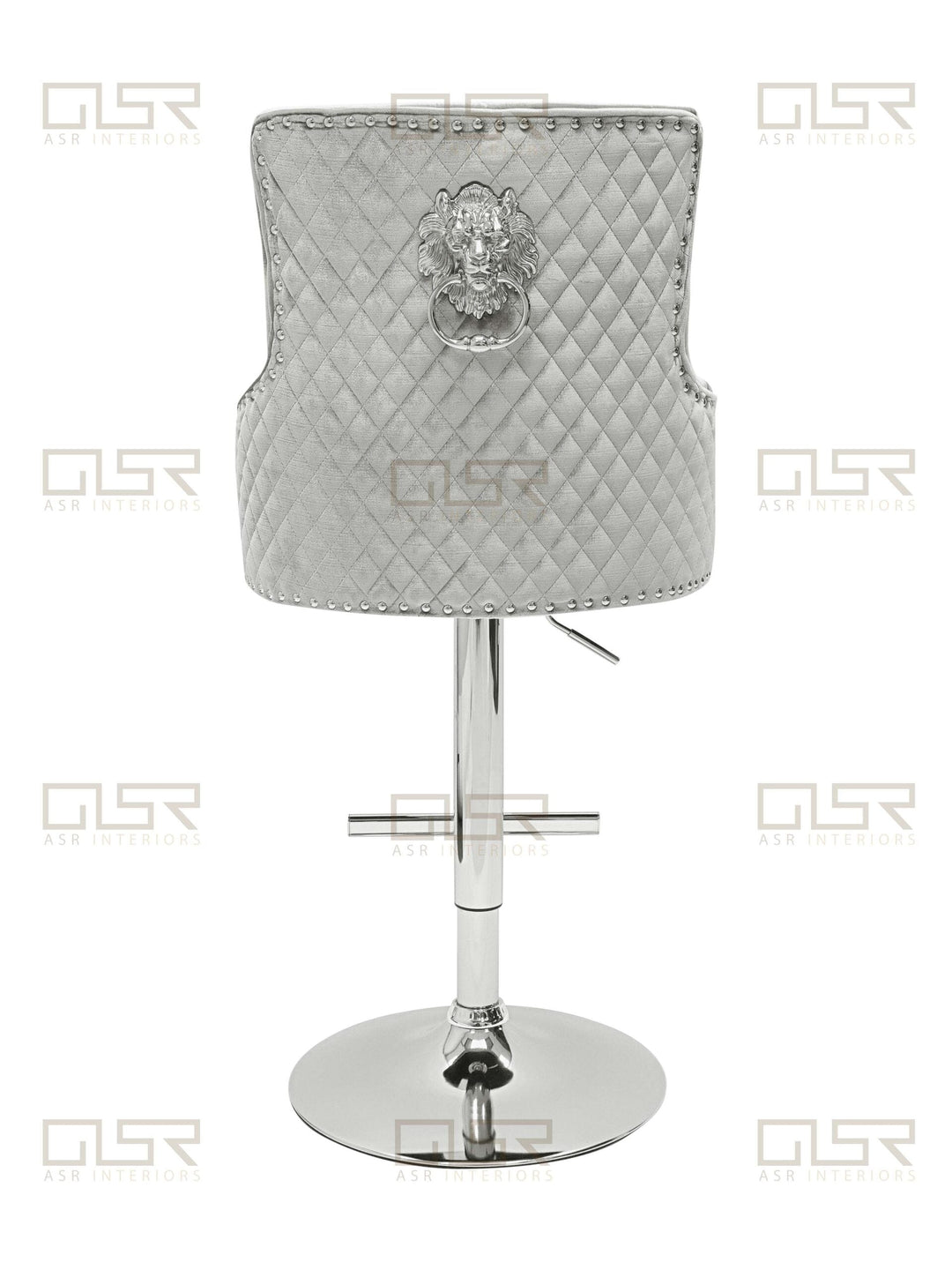 Majestic Silver Light Grey Shimmer Velvet Bar Stool With Lion Knocker