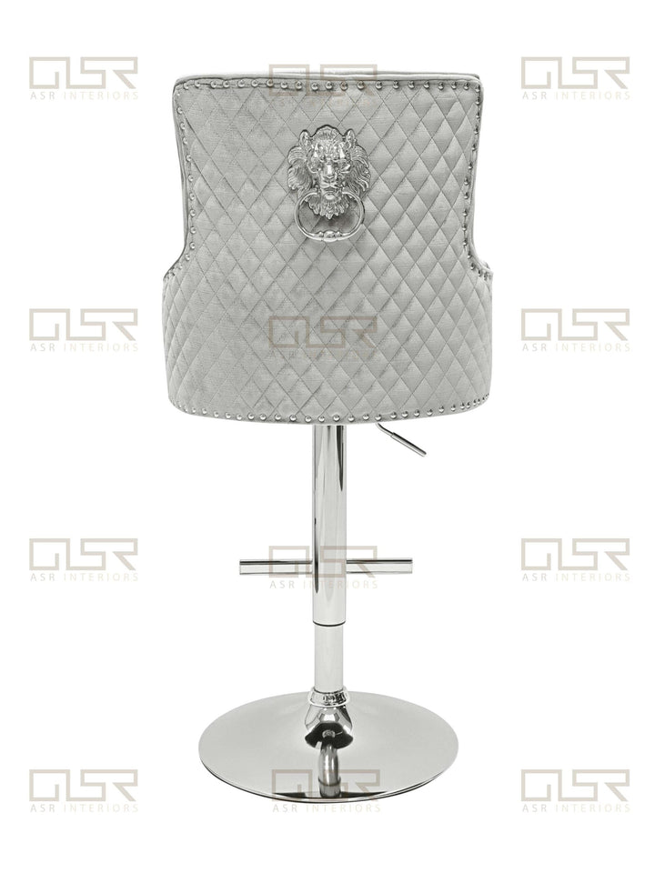 Majestic Silver Light Grey Shimmer Velvet Bar Stool With Lion Knocker