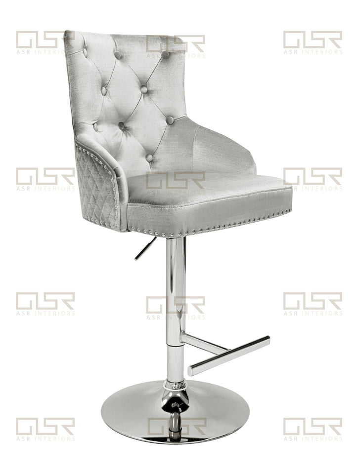 Majestic Silver Light Grey Shimmer Velvet Bar Stool With Lion Knocker