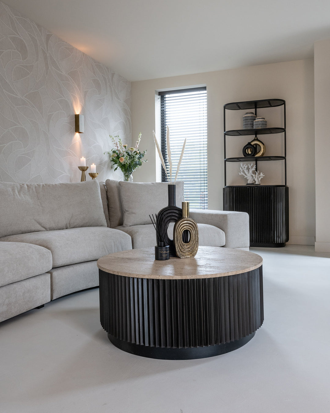 Richmond Interiors Hampton Black Wood & Beige Travertine Display Unit