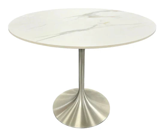 Bentley 90cm Gold Ceramic Marble Round Dining Table With Chrome Base