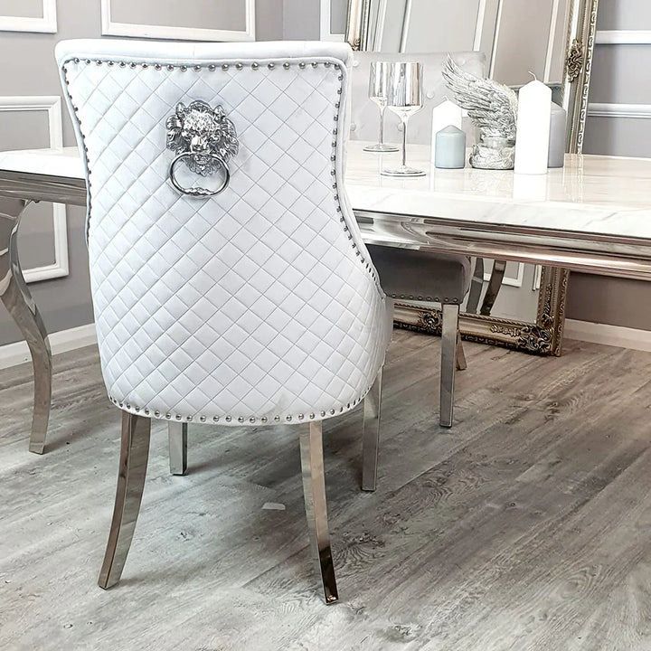Louis 160cm Marble & Chrome Dining Table With Quilted Lion Knocker Velvet Chairs