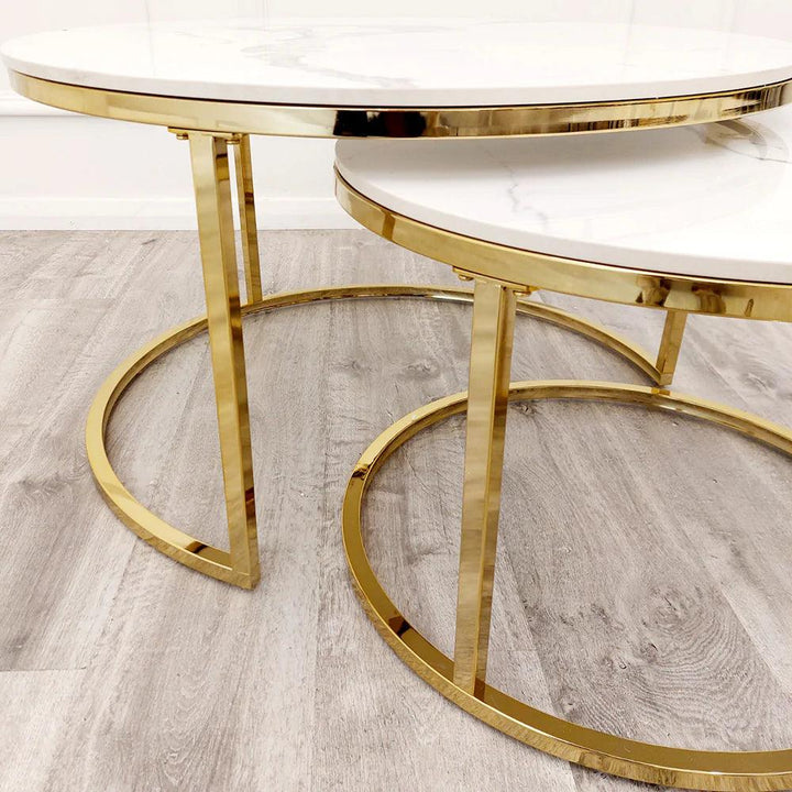 Cato Nest of 2 Round Coffee Gold Tables with Polar White Sintered Stone Tops-Esme Furnishings