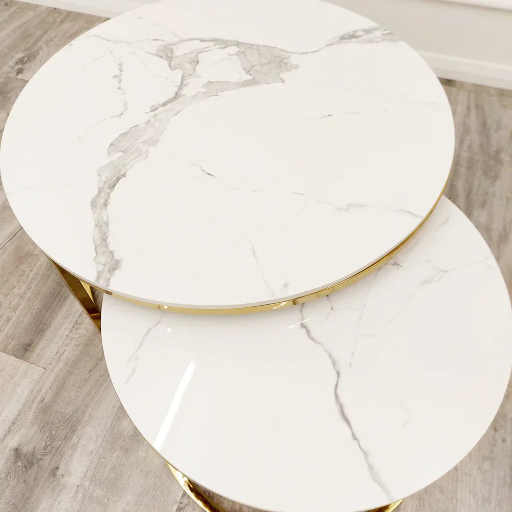 Cato Nest of 2 Short Round Coffee Gold Tables with Polar White Sintered Stone Tops-Esme Furnishings