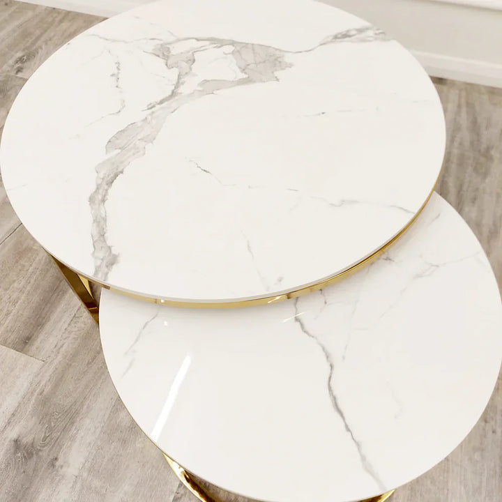 Cato Nest of 2 Short Round Coffee Gold Tables with Polar White Sintered Stone Tops-Esme Furnishings