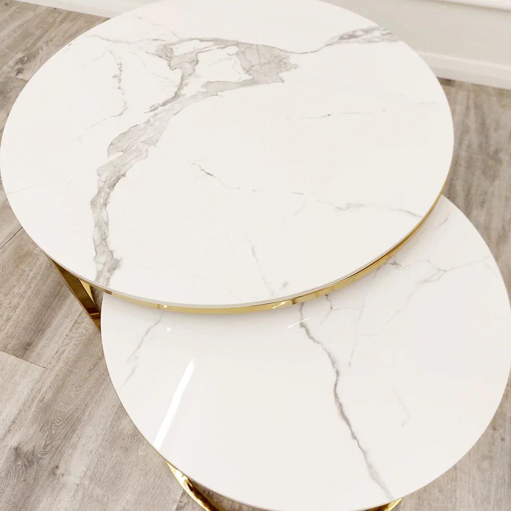 Cato Nest of 2 Round Coffee Gold Tables with Polar White Sintered Stone Tops-Esme Furnishings