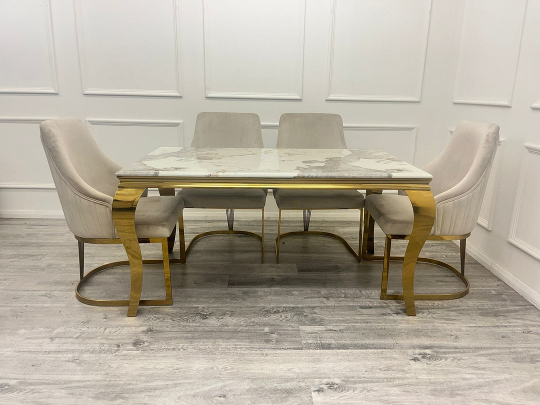 Louis Gold Marble Dining Table With Carlton Cream/Gold Velvet Dining Chairs