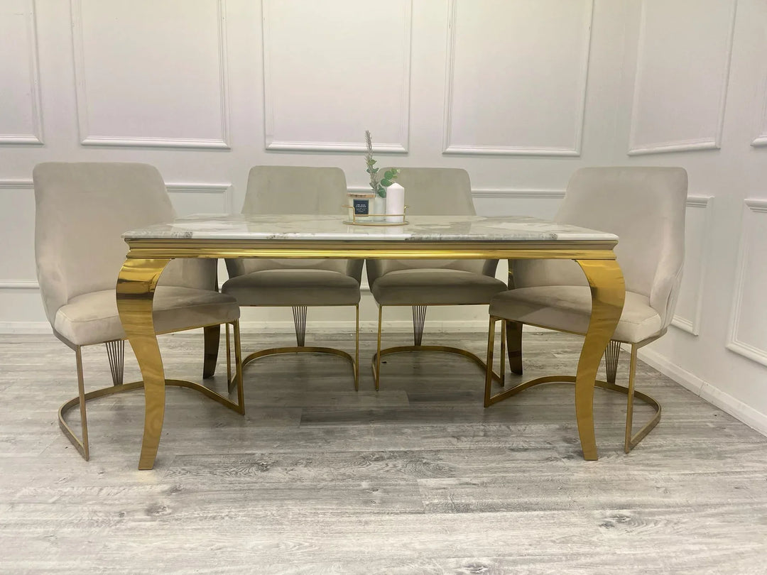 Louis Marble & Gold Dining Table With Carlton Cream/Gold Velvet Chairs